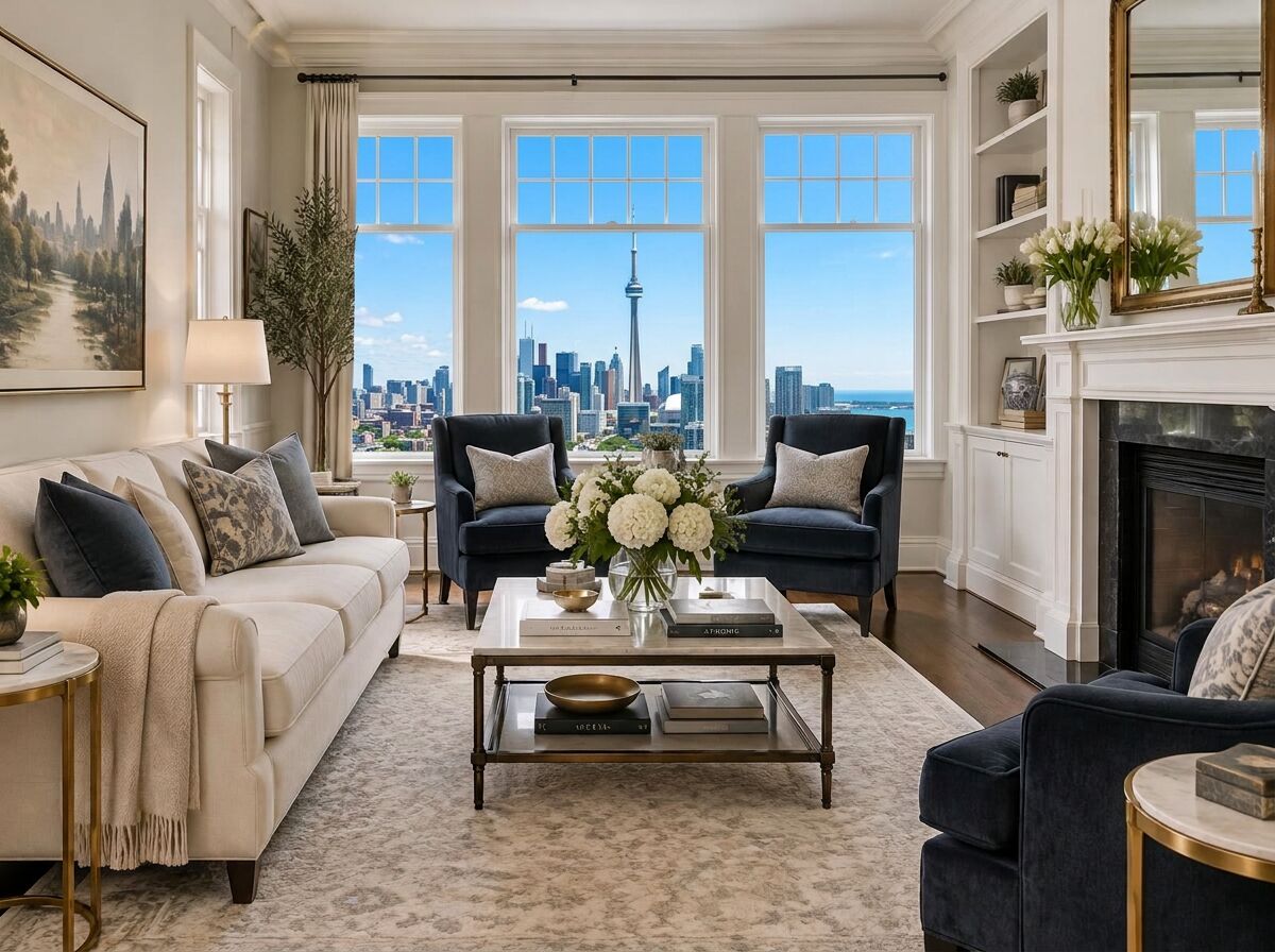 Clean, bright Toronto living room with a view of the CN Tower